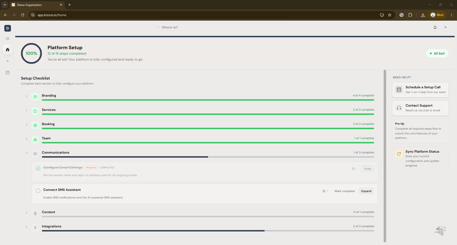 The bizzOS platform home, one connected business management system